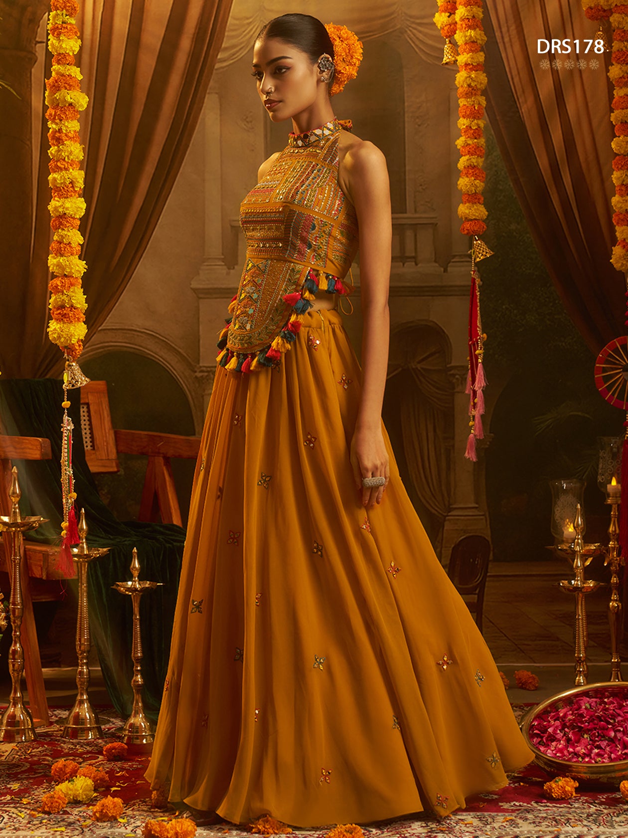 Mustard Georgette Mirror Top Plazzo Set | Tulip Designer
