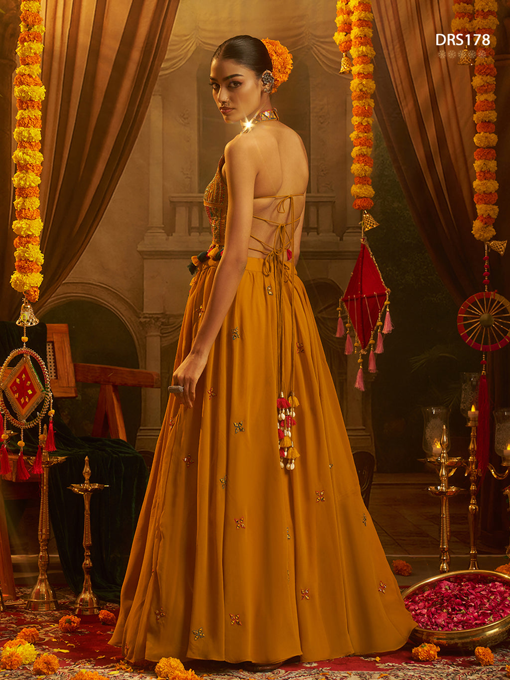 Mustard Georgette Mirror Top Plazzo Set | Tulip Designer
