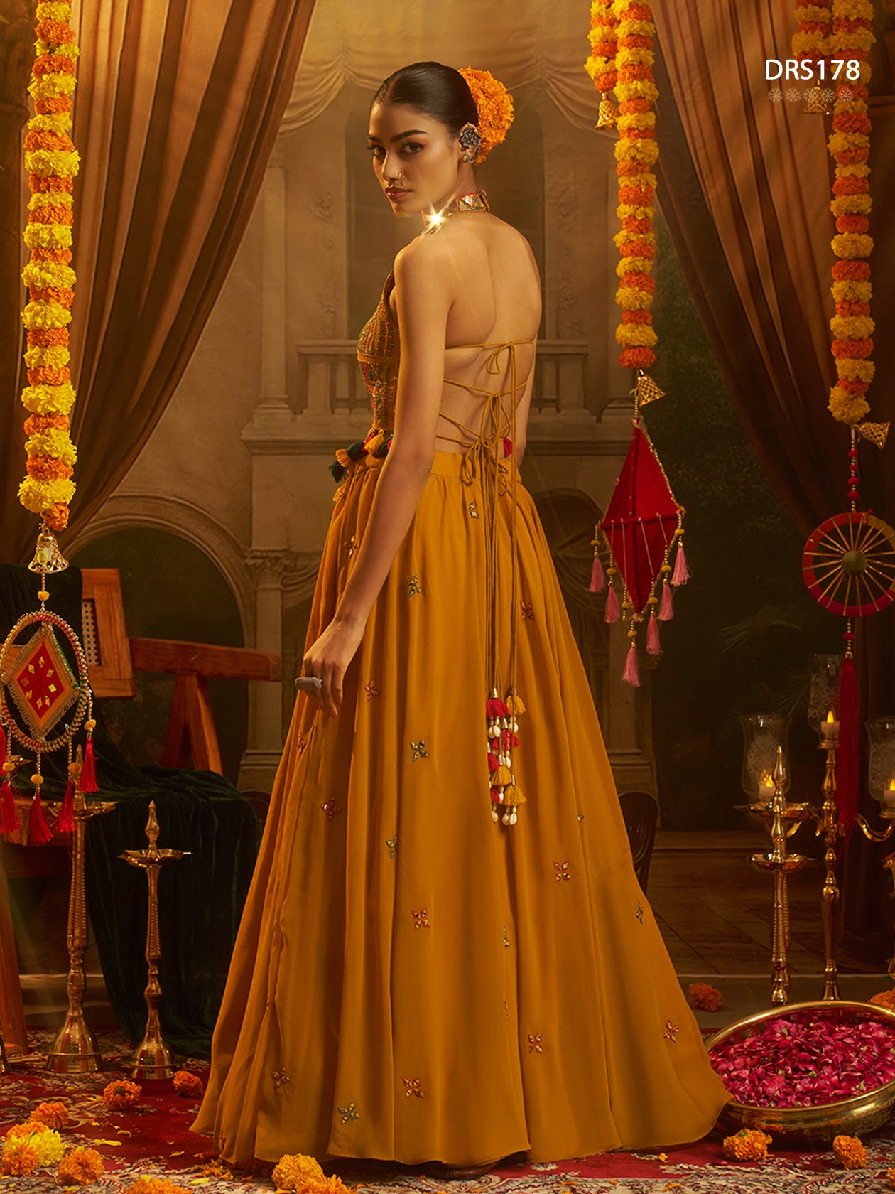 Mustard Georgette Mirror Top Plazzo Set | Tulip Designer
