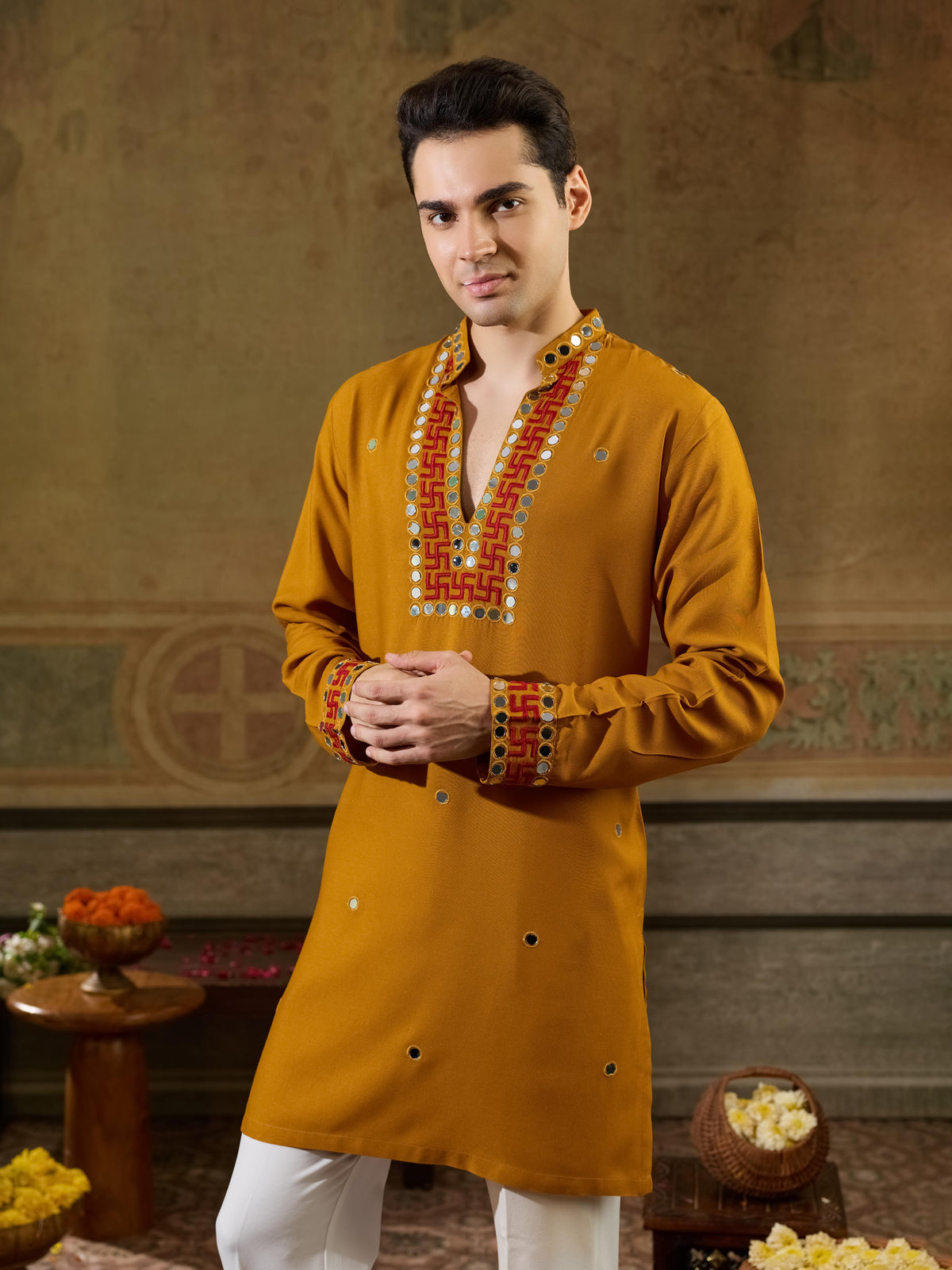 Classic Mustard Rayon V Neck Kurta Set | Tulip Designer
