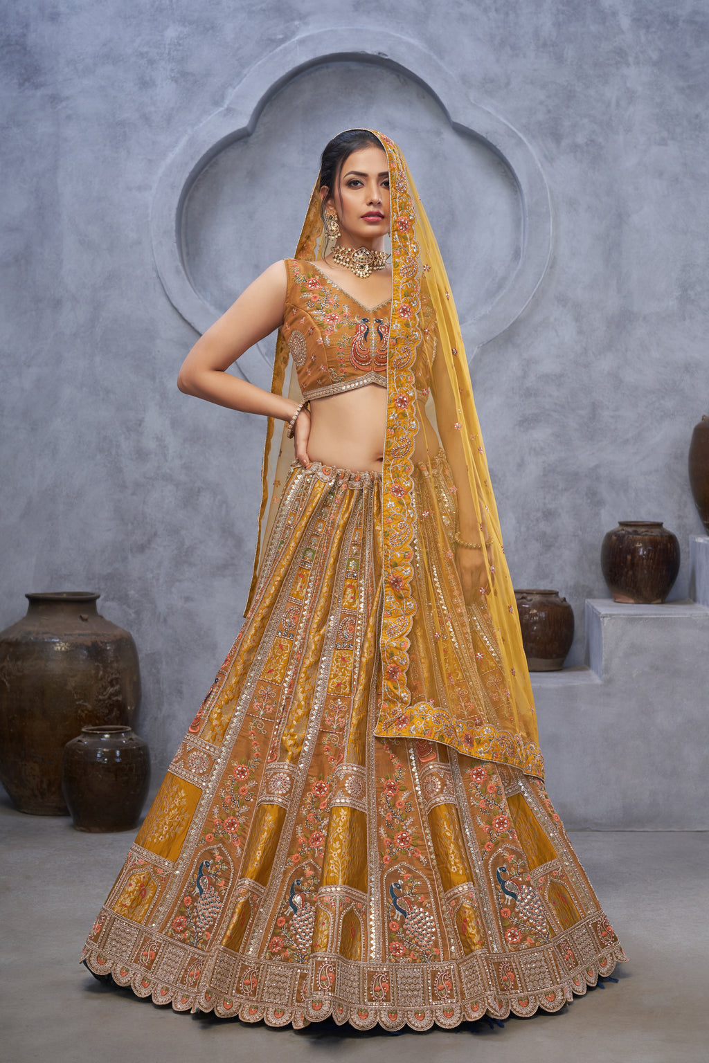 Embroidery Musturd Art Silk Bridal Lehenga with Dupatta
