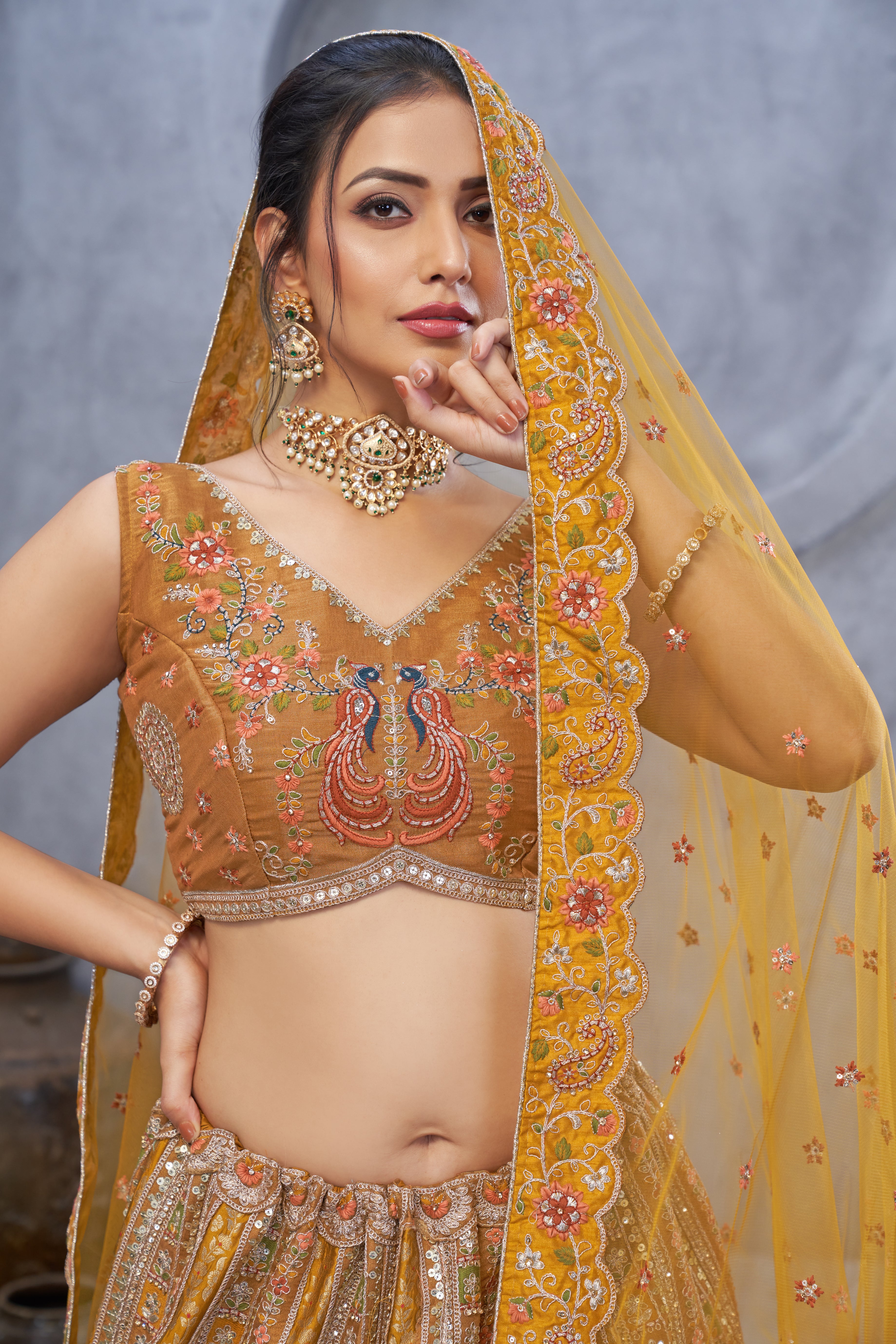 Embroidery Musturd Art Silk Bridal Lehenga with Dupatta

