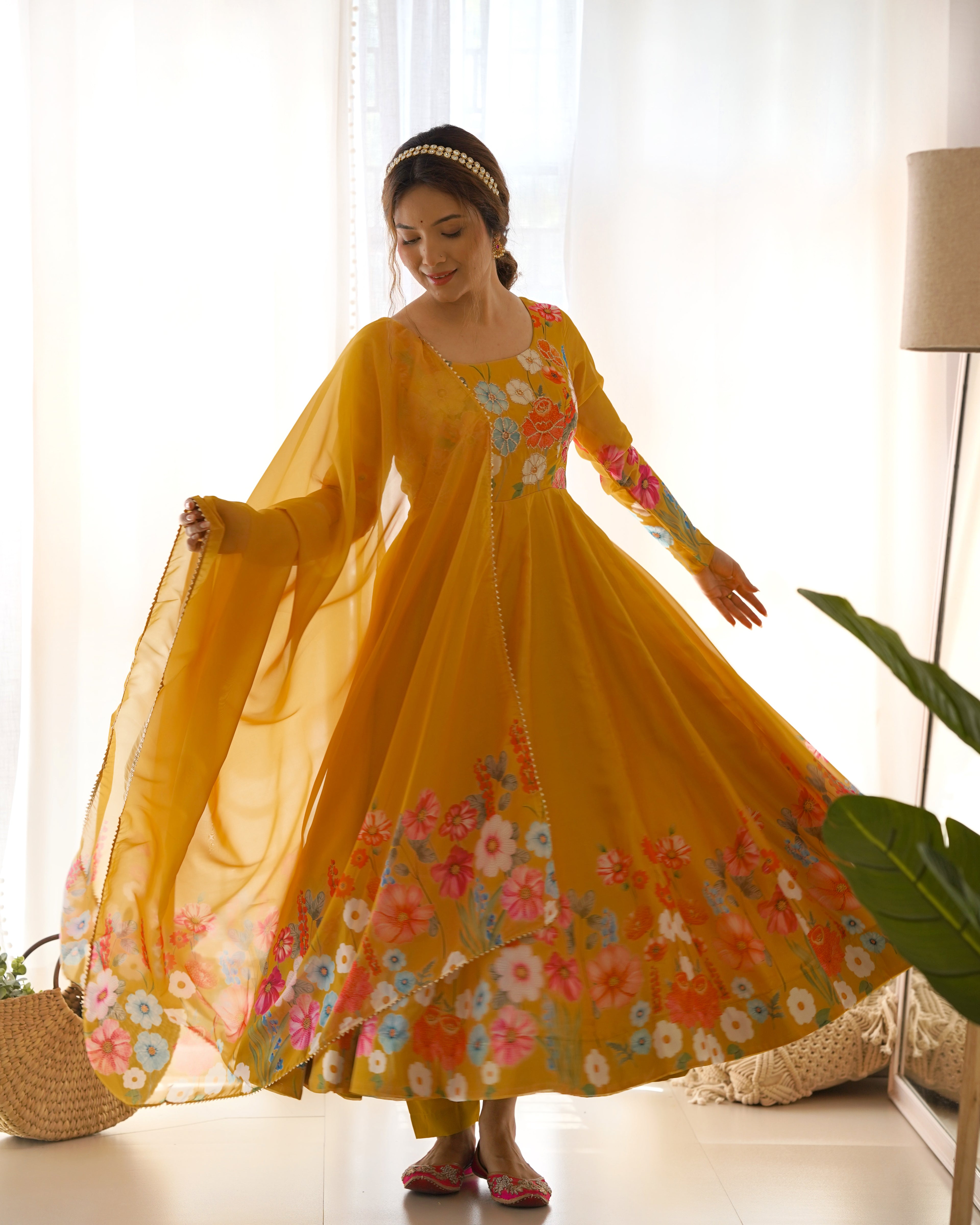 Pure Soft Organja Silk Fabric Fully Flair Kali Pattern And Canvas Patta With Dupatta Set, Pent Ready to Wear - Musturd

