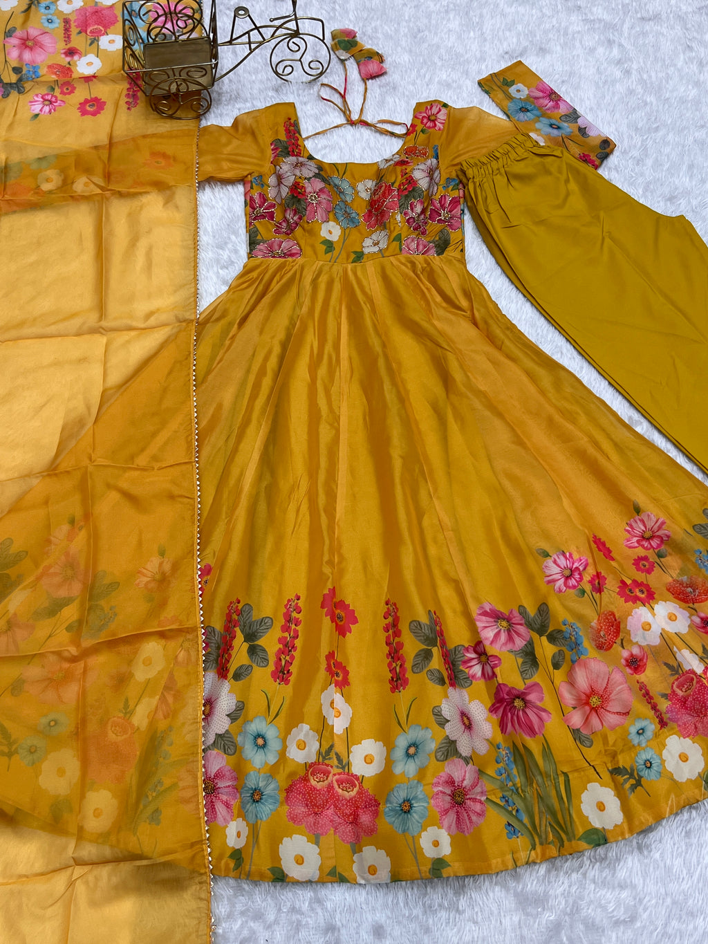 Pure Soft Organja Silk Fabric Fully Flair Kali Pattern And Canvas Patta With Dupatta Set, Pent Ready to Wear - Musturd