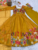 Pure Soft Organja Silk Fabric Fully Flair Kali Pattern And Canvas Patta With Dupatta Set, Pent Ready to Wear - Musturd