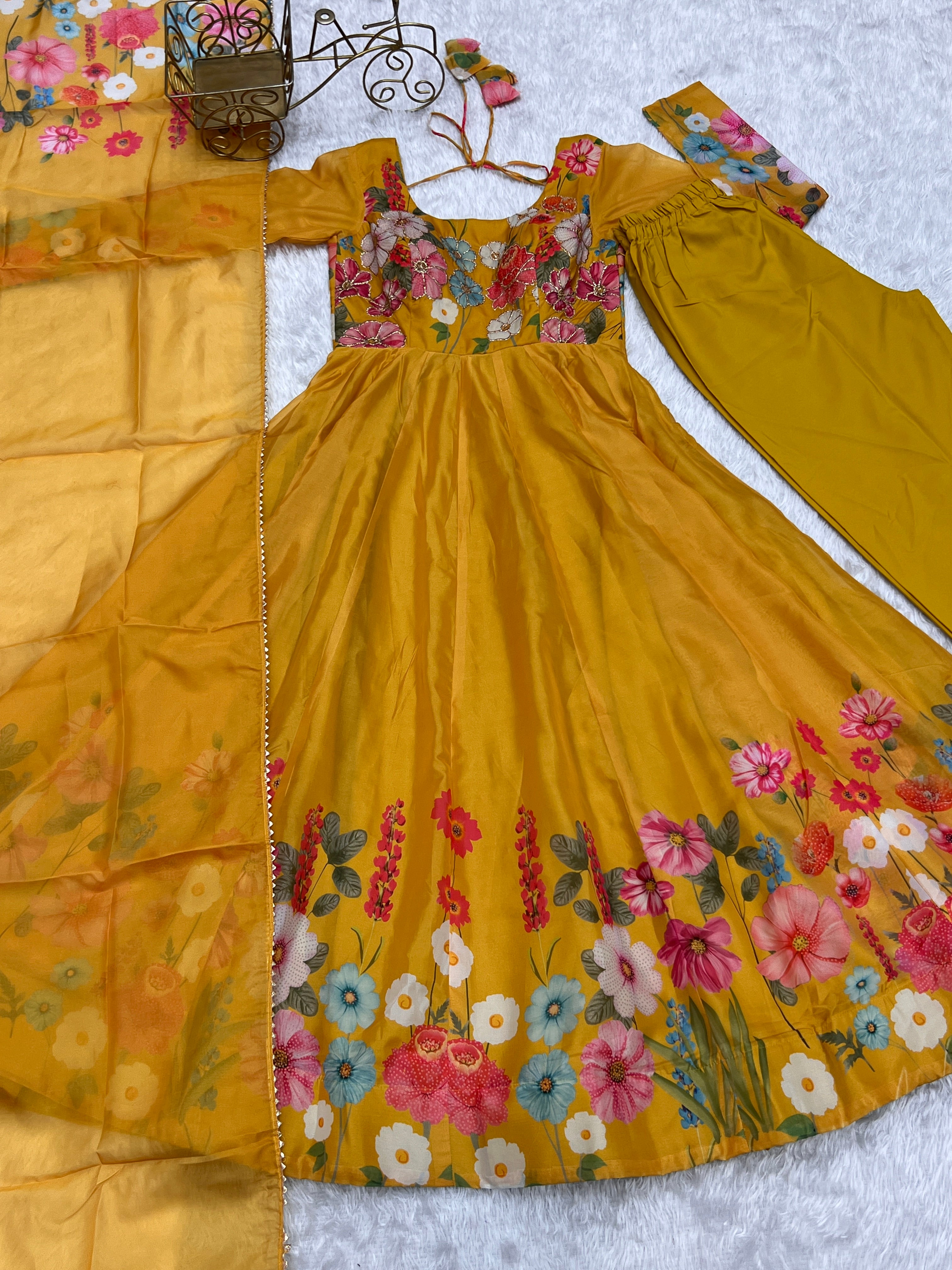 Pure Soft Organja Silk Fabric Fully Flair Kali Pattern And Canvas Patta With Dupatta Set, Pent Ready to Wear - Musturd