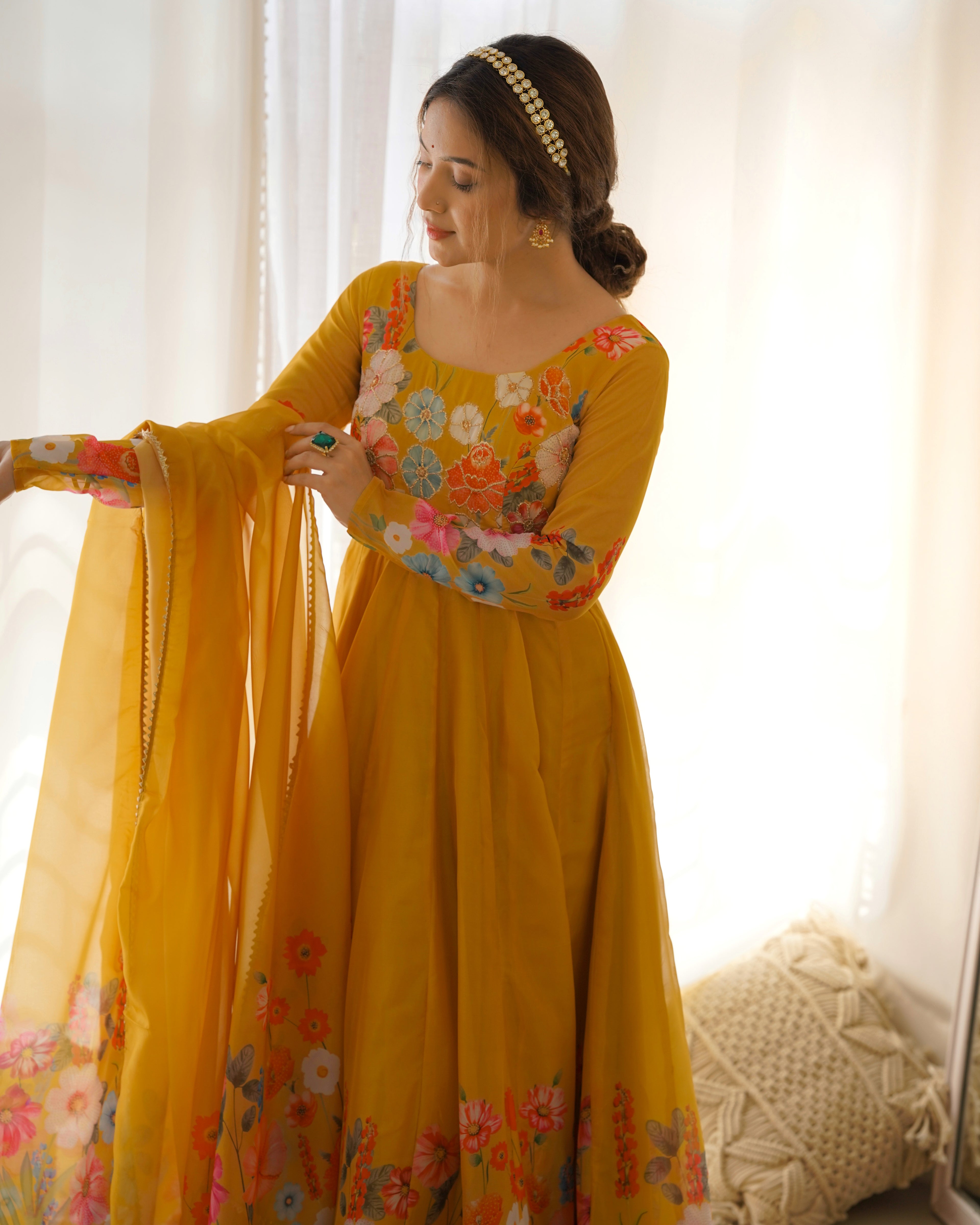 Pure Soft Organja Silk Fabric Fully Flair Kali Pattern And Canvas Patta With Dupatta Set, Pent Ready to Wear - Musturd
