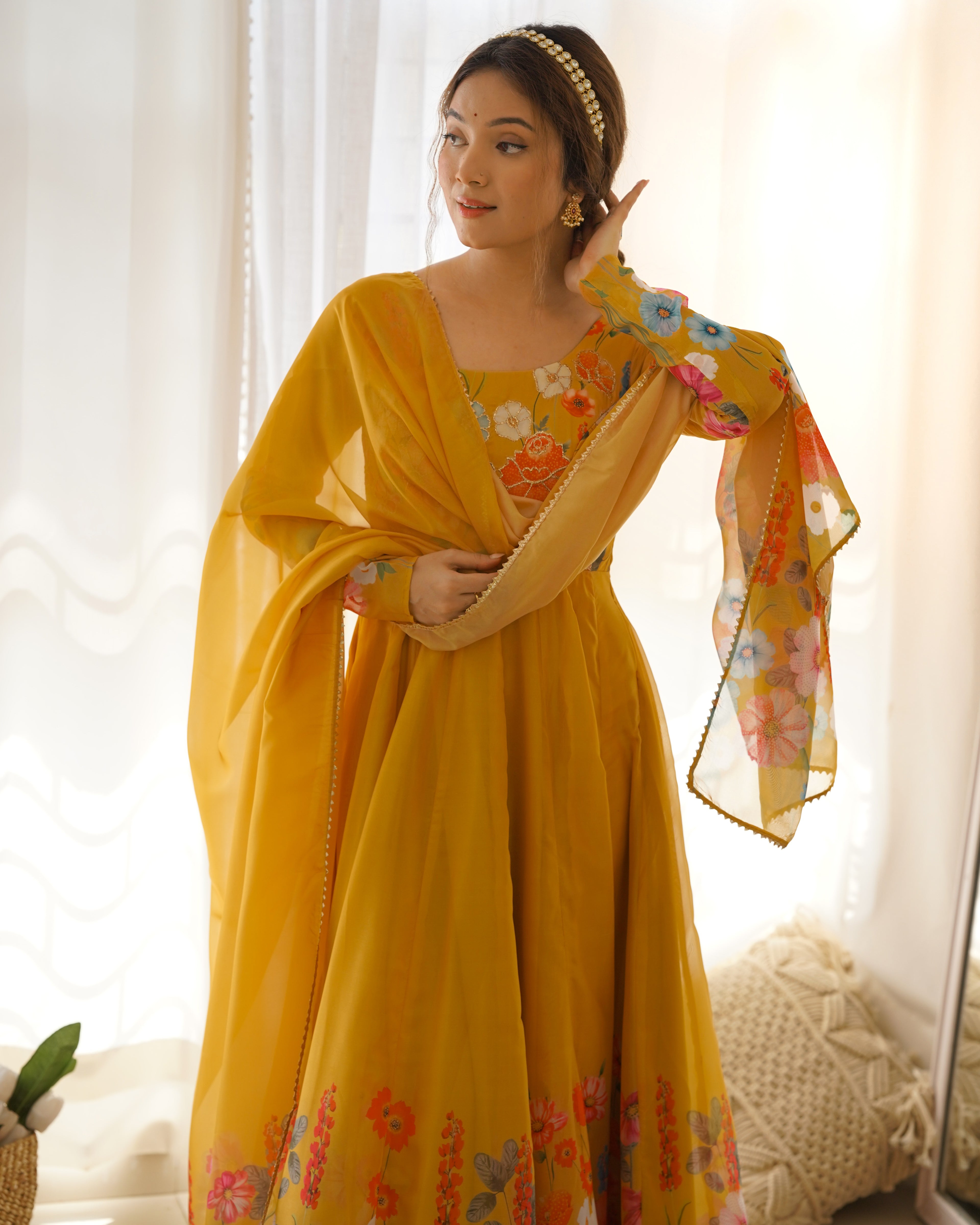 Pure Soft Organja Silk Fabric Fully Flair Kali Pattern And Canvas Patta With Dupatta Set, Pent Ready to Wear - Musturd
