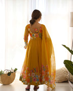 Pure Soft Organja Silk Fabric Fully Flair Kali Pattern And Canvas Patta With Dupatta Set, Pent Ready to Wear - Musturd