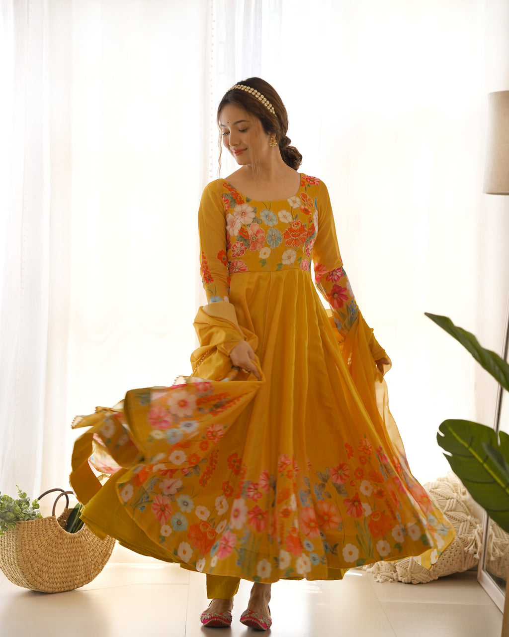 Pure Soft Organja Silk Fabric Fully Flair Kali Pattern And Canvas Patta With Dupatta Set, Pent Ready to Wear - Musturd