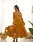 Pure Soft Organja Silk Fabric Fully Flair Kali Pattern And Canvas Patta With Dupatta Set, Pent Ready to Wear - Musturd