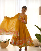 Pure Soft Organja Silk Fabric Fully Flair Kali Pattern And Canvas Patta With Dupatta Set, Pent Ready to Wear - Musturd