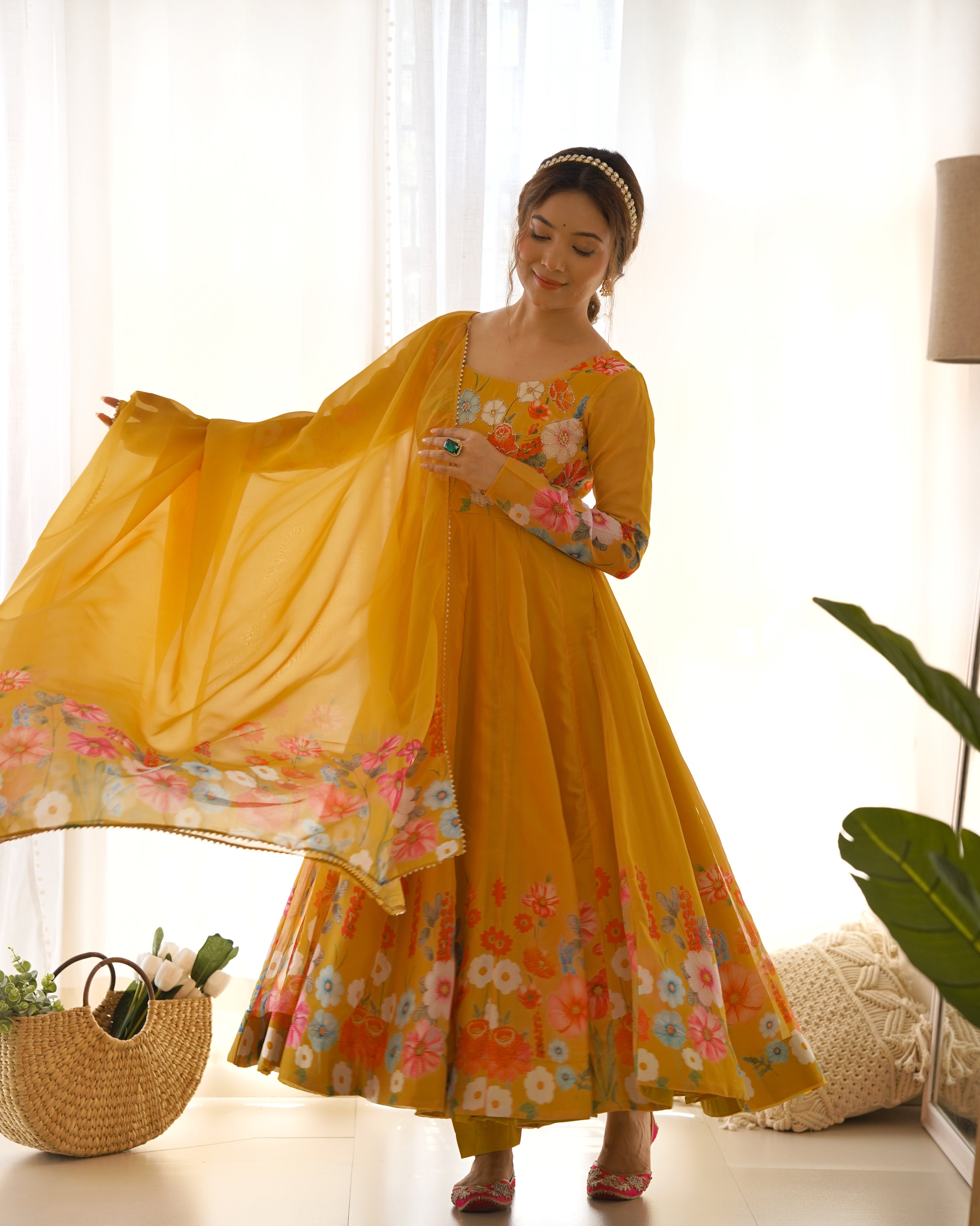 Pure Soft Organja Silk Fabric Fully Flair Kali Pattern And Canvas Patta With Dupatta Set, Pent Ready to Wear - Musturd
