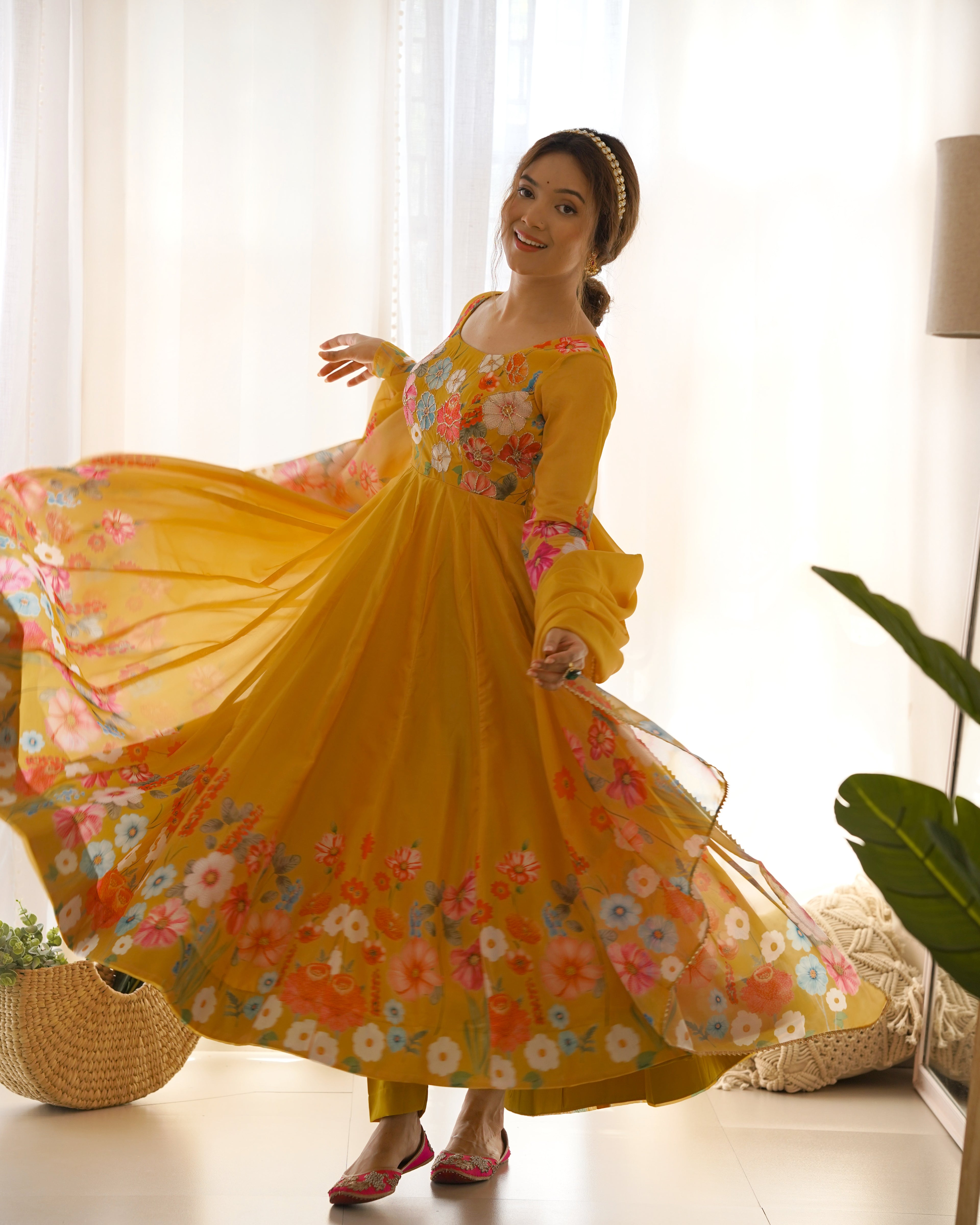 Pure Soft Organja Silk Fabric Fully Flair Kali Pattern And Canvas Patta With Dupatta Set, Pent Ready to Wear - Musturd