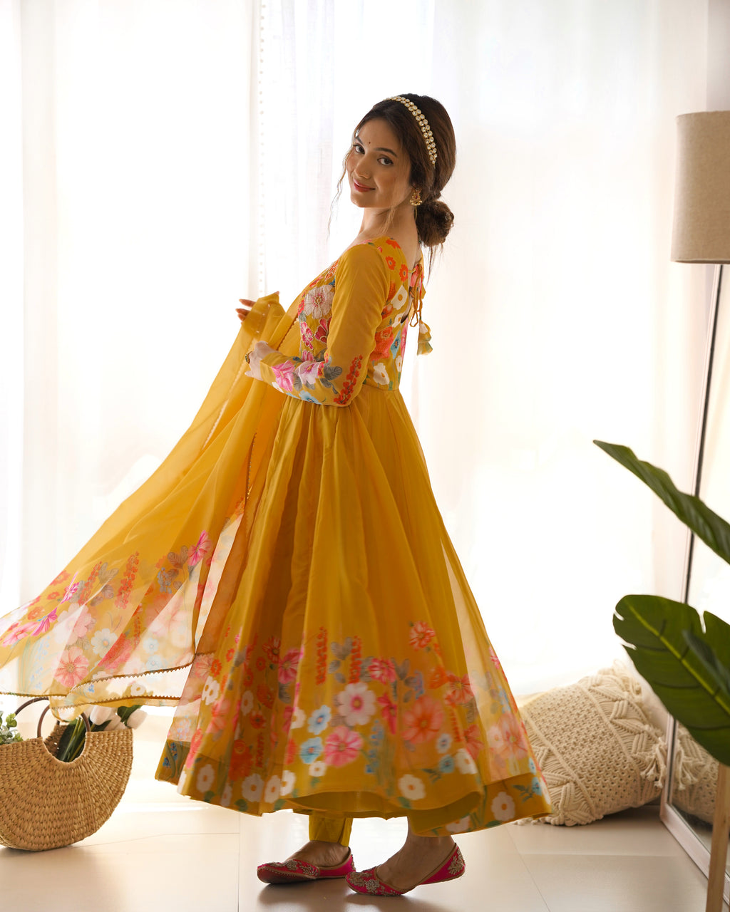 Pure Soft Organja Silk Fabric Fully Flair Kali Pattern And Canvas Patta With Dupatta Set, Pent Ready to Wear - Musturd