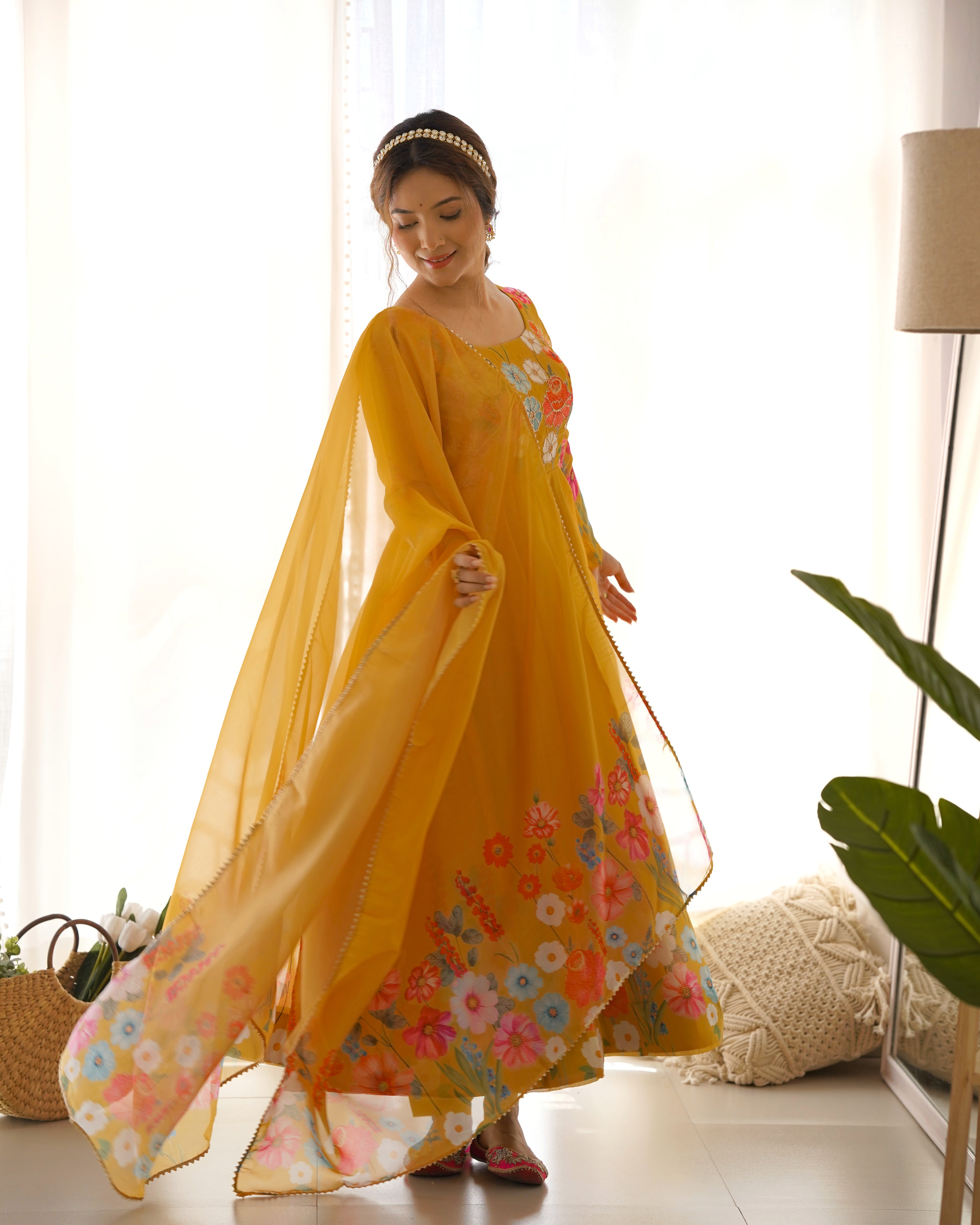 Pure Soft Organja Silk Fabric Fully Flair Kali Pattern And Canvas Patta With Dupatta Set, Pent Ready to Wear - Musturd