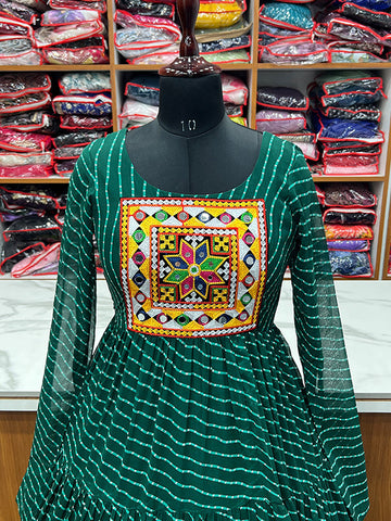 Layered Bottle Green Embroidered & Printed Anarkali Gown