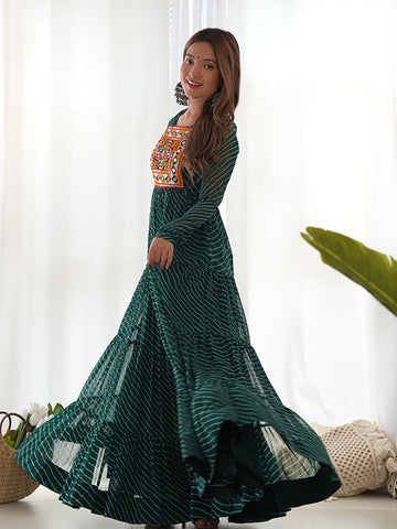 Layered Bottle Green Embroidered & Printed Anarkali Gown