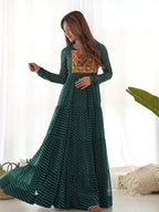 Layered Bottle Green Embroidered & Printed Anarkali Gown