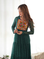 Layered Bottle Green Embroidered & Printed Anarkali Gown