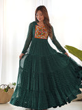 Layered Bottle Green Embroidered & Printed Anarkali Gown