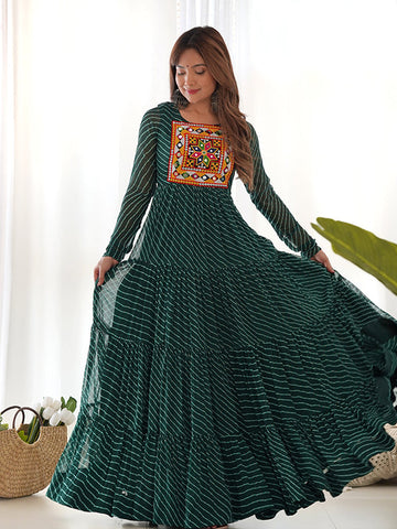 Layered Bottle Green Embroidered & Printed Anarkali Gown