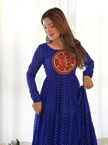 Royal Blue Layered Embroidered & Printed Anarkali Gown
