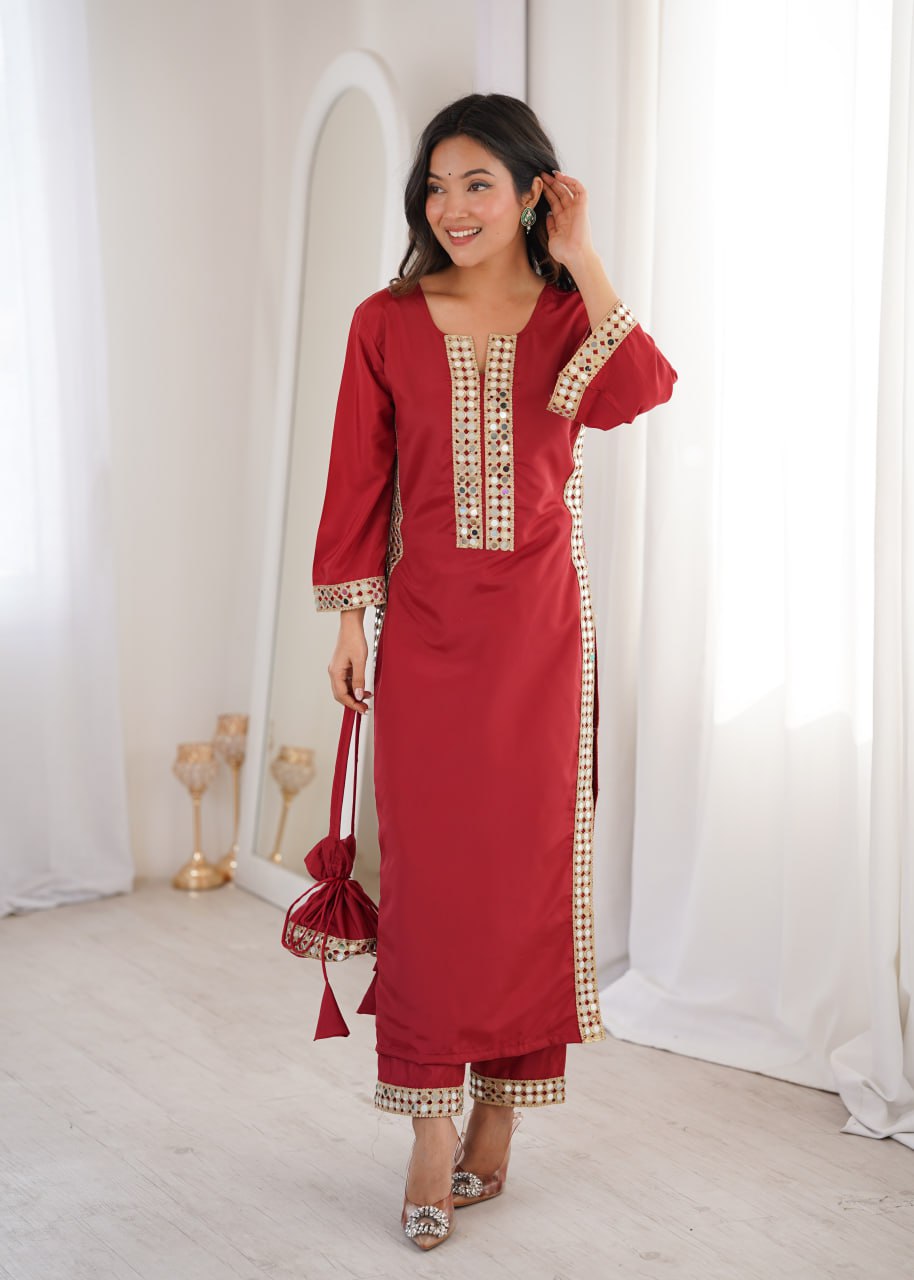 Wedding Special Natural Crepe Mirror Work Kurti Set With Pant & Batwa
