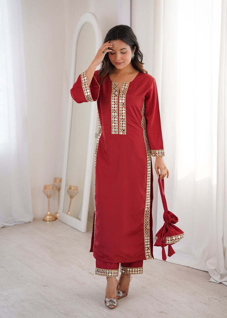Wedding Special Natural Crepe Mirror Work Kurti Set With Pant & Batwa
