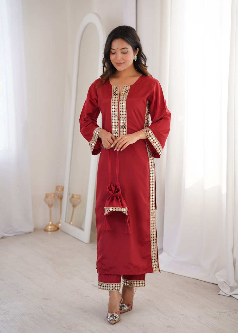 Wedding Special Natural Crepe Mirror Work Kurti Set With Pant & Batwa
