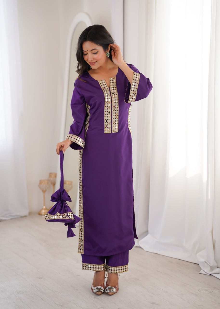 Wedding Special Natural Crepe Mirror Work Kurti Set With Pant & Batwa
