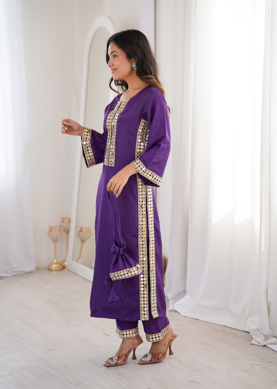 Wedding Special Natural Crepe Mirror Work Kurti Set With Pant & Batwa
