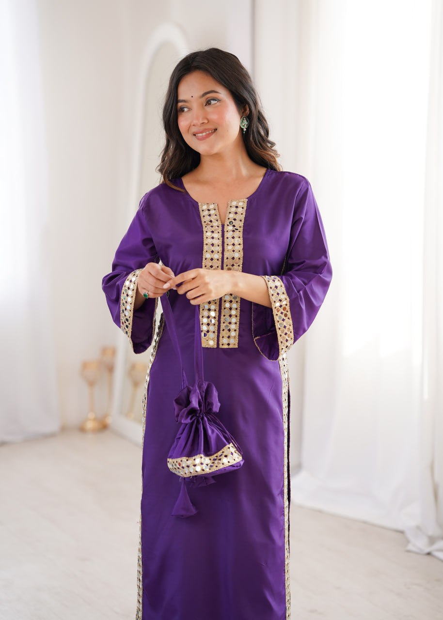 Wedding Special Natural Crepe Mirror Work Kurti Set With Pant & Batwa
