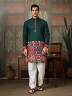 Navratri Style Green Cotton Readymade Kurta for Men
