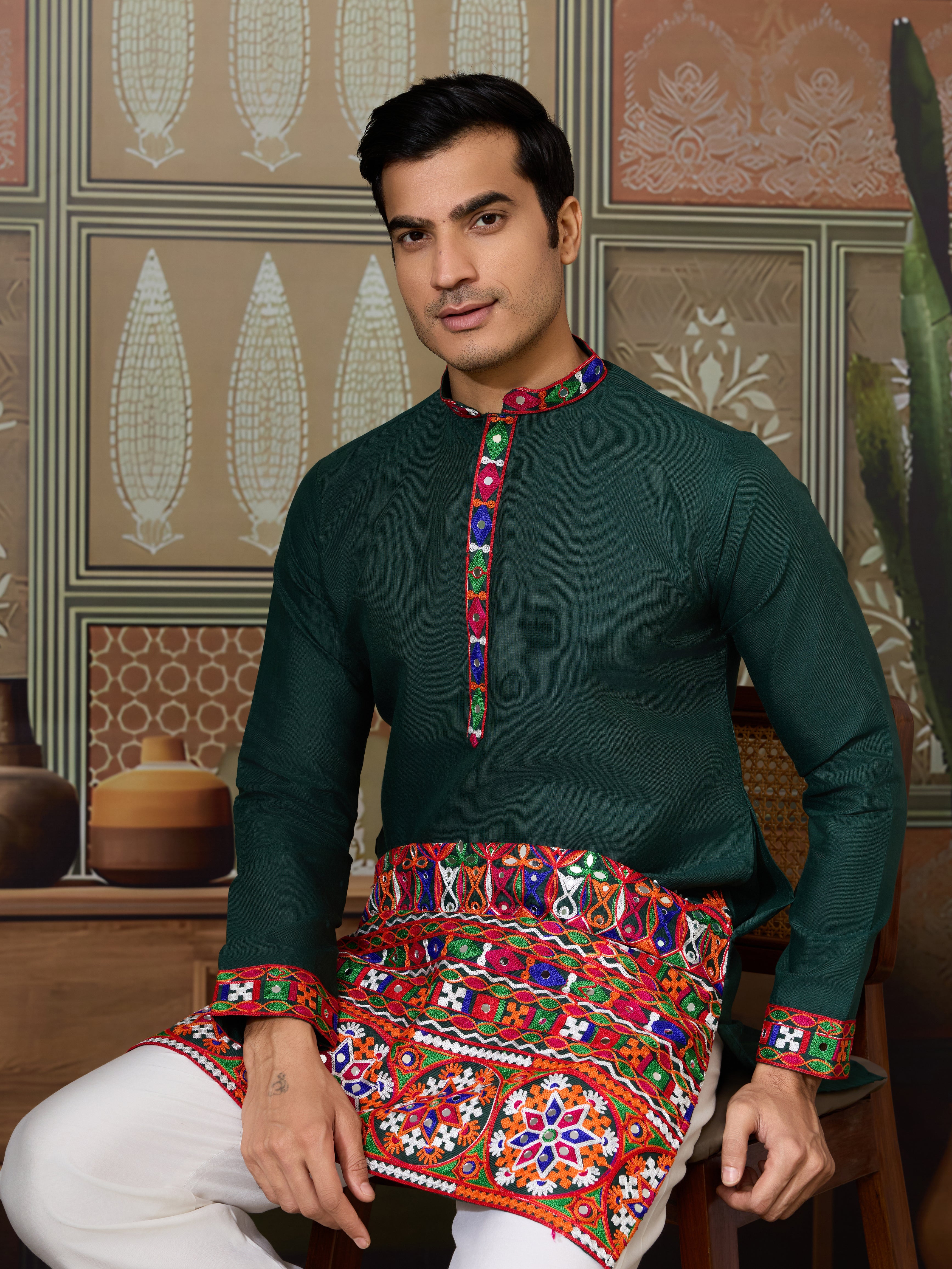 Navratri Style Green Cotton Readymade Kurta for Men
