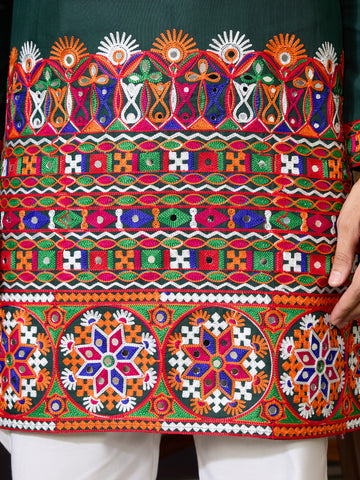 Navratri Style Green Cotton Readymade Kurta for Men
