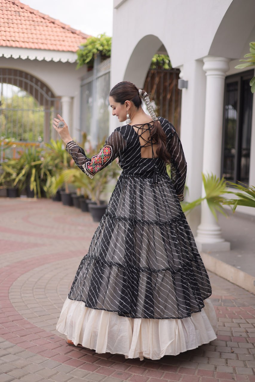 Designer Navratri Kora Cotton Frill Stitch Lehenga with Laheriya Kurti
