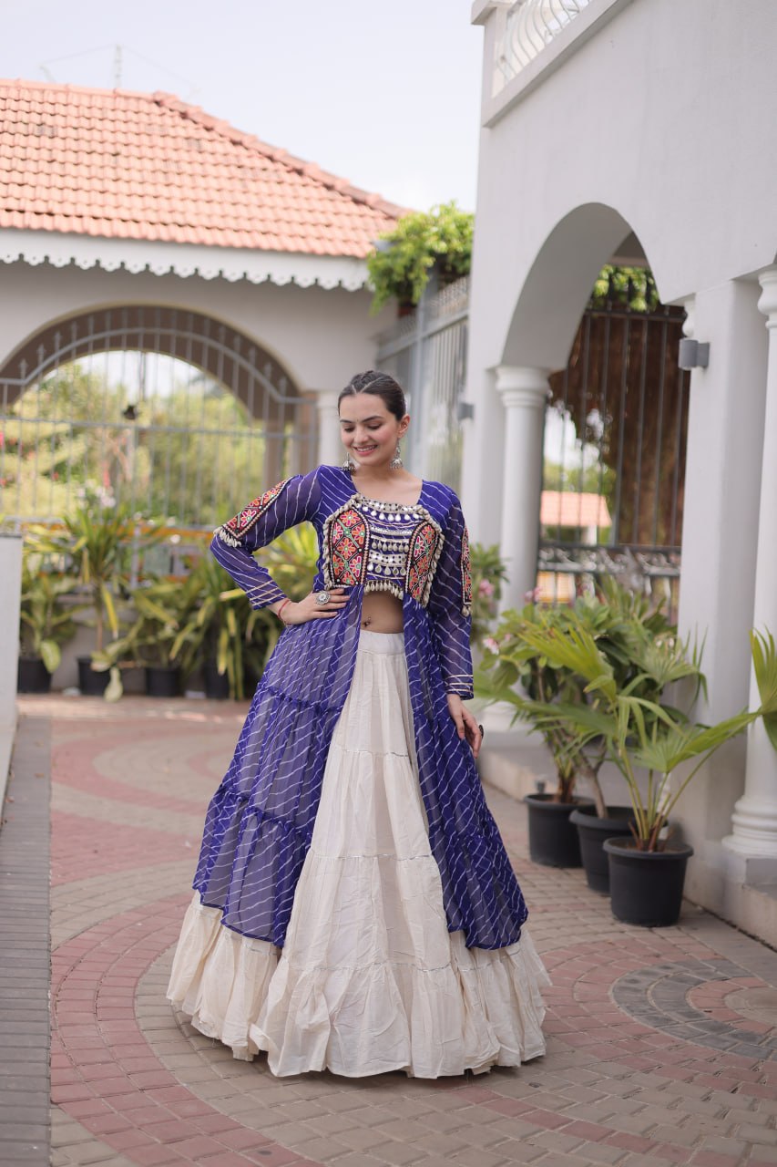 Designer Navratri Kora Cotton Frill Stitch Lehenga with Laheriya Kurti
