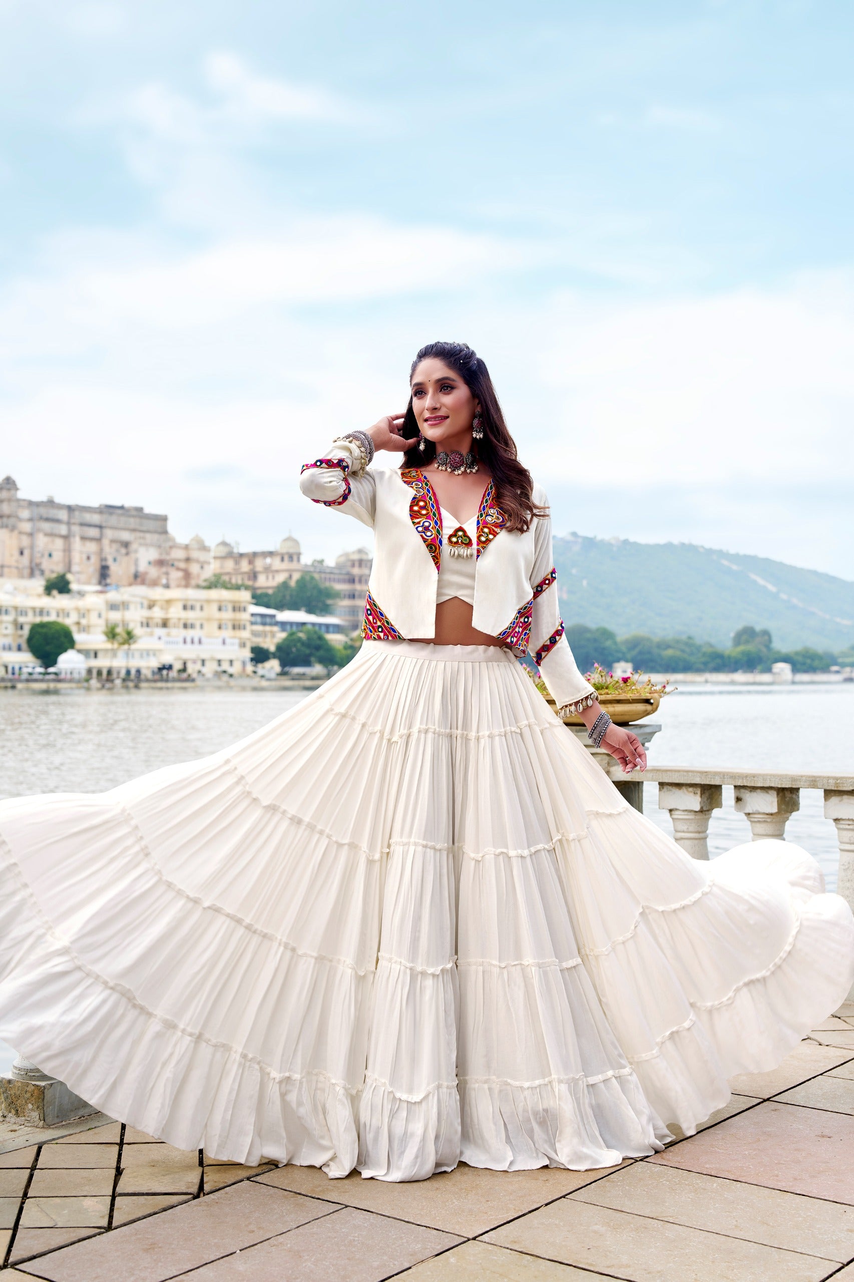 Navratri Special Gamthi Work Mirror Lehenga Set with Designer Koti
