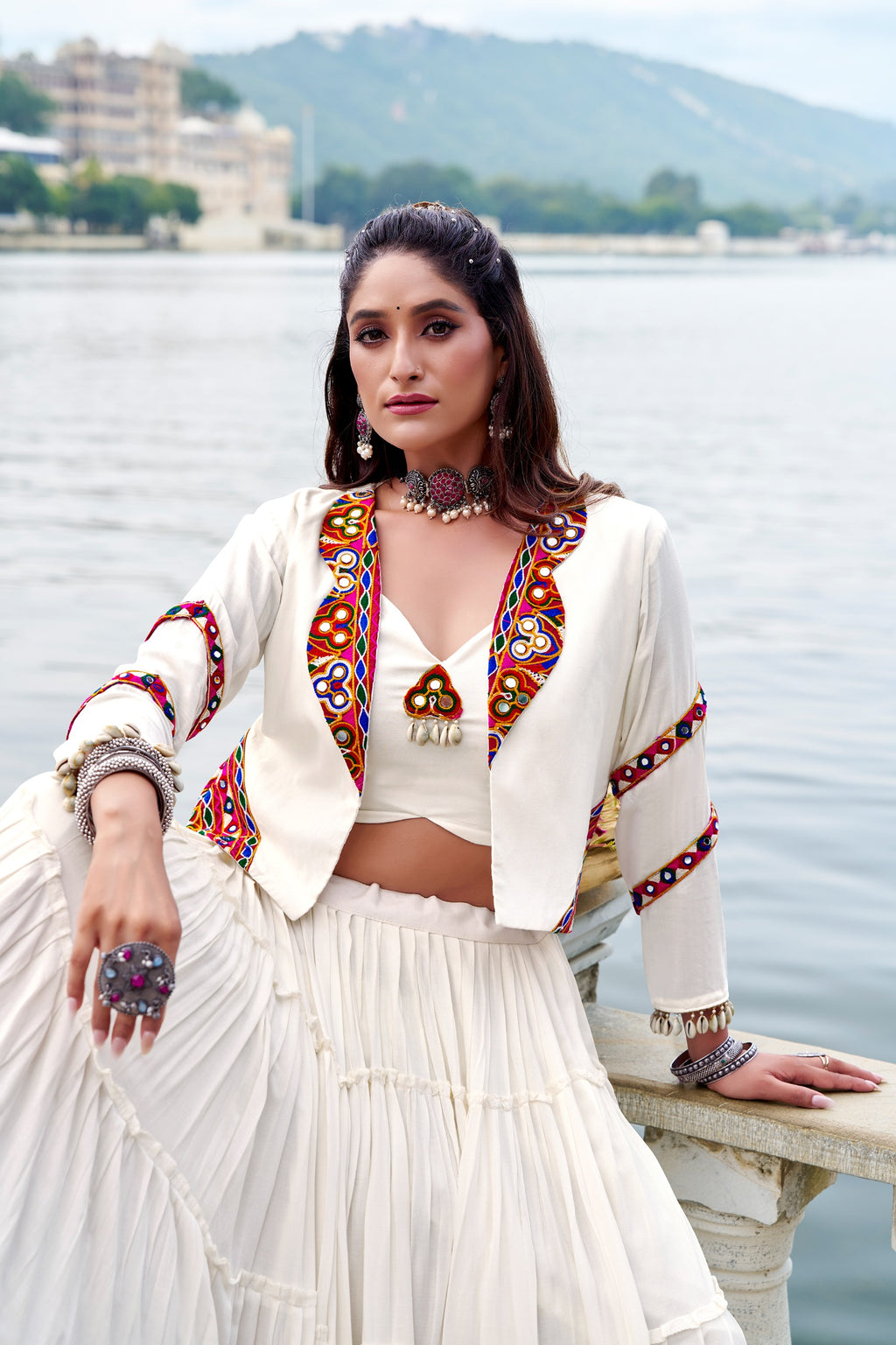 Navratri Special Gamthi Work Mirror Lehenga Set with Designer Koti
