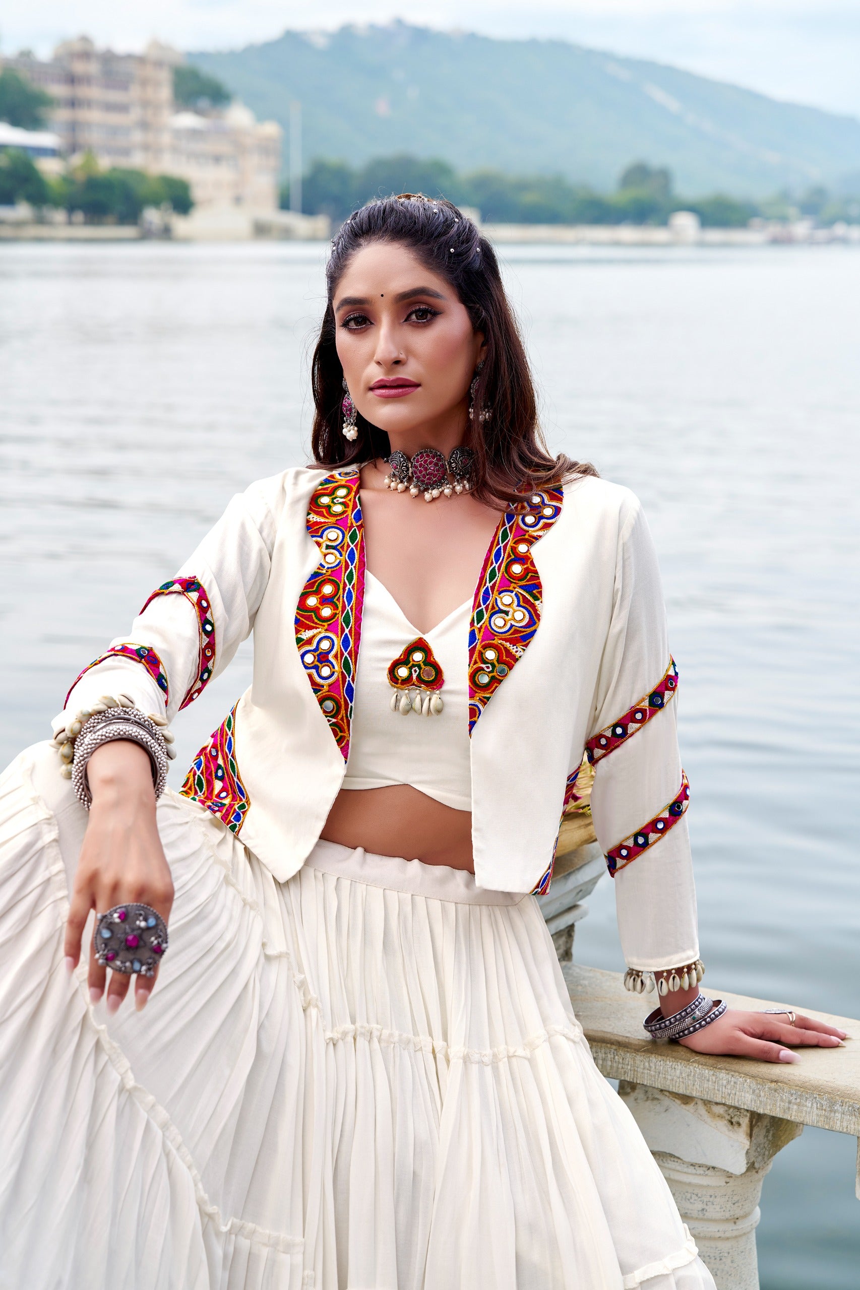 Navratri Special Gamthi Work Mirror Lehenga Set with Designer Koti
