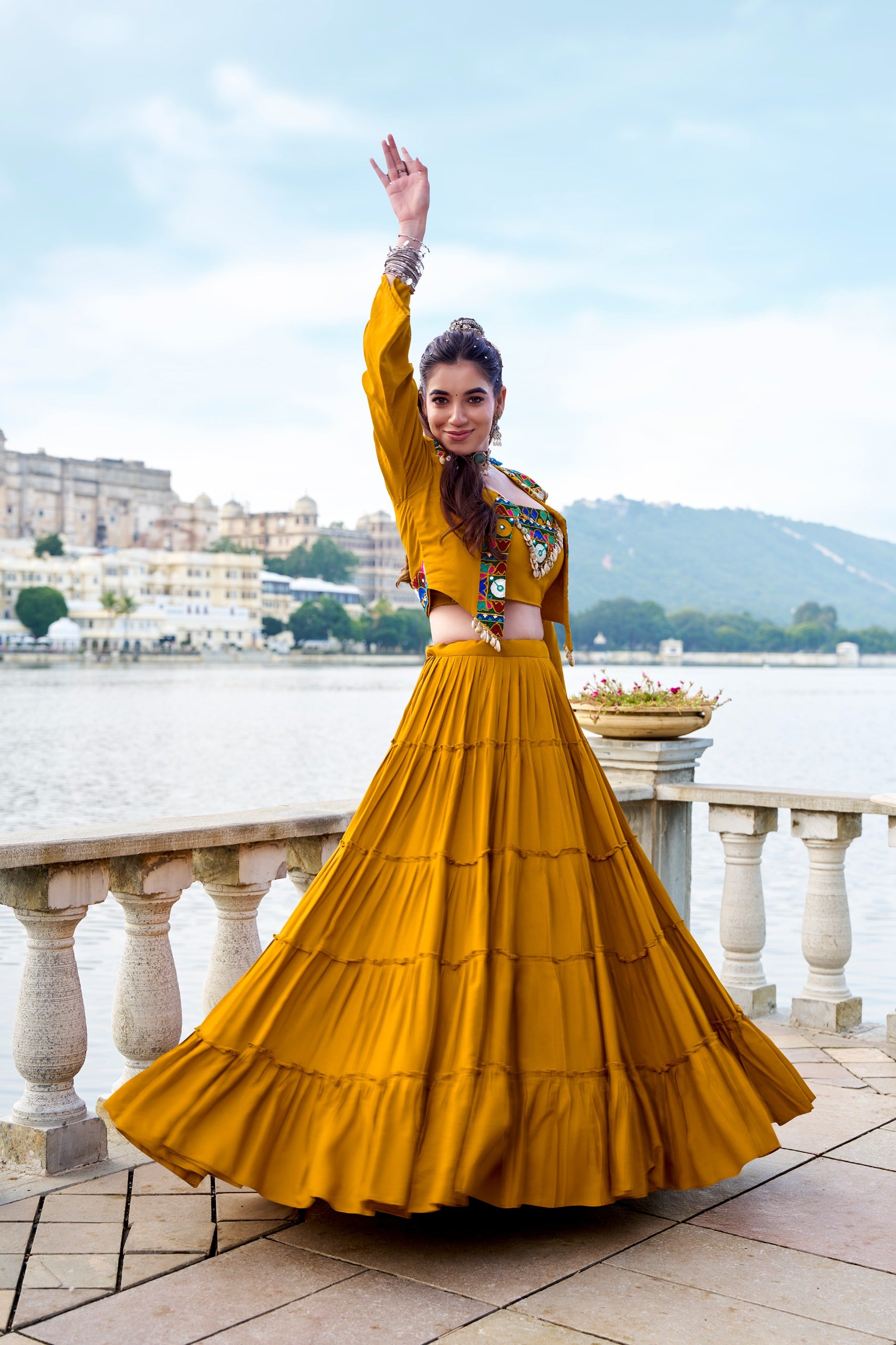 Navratri Special Gamthi Work Mirror Lehenga Set with Designer Koti
