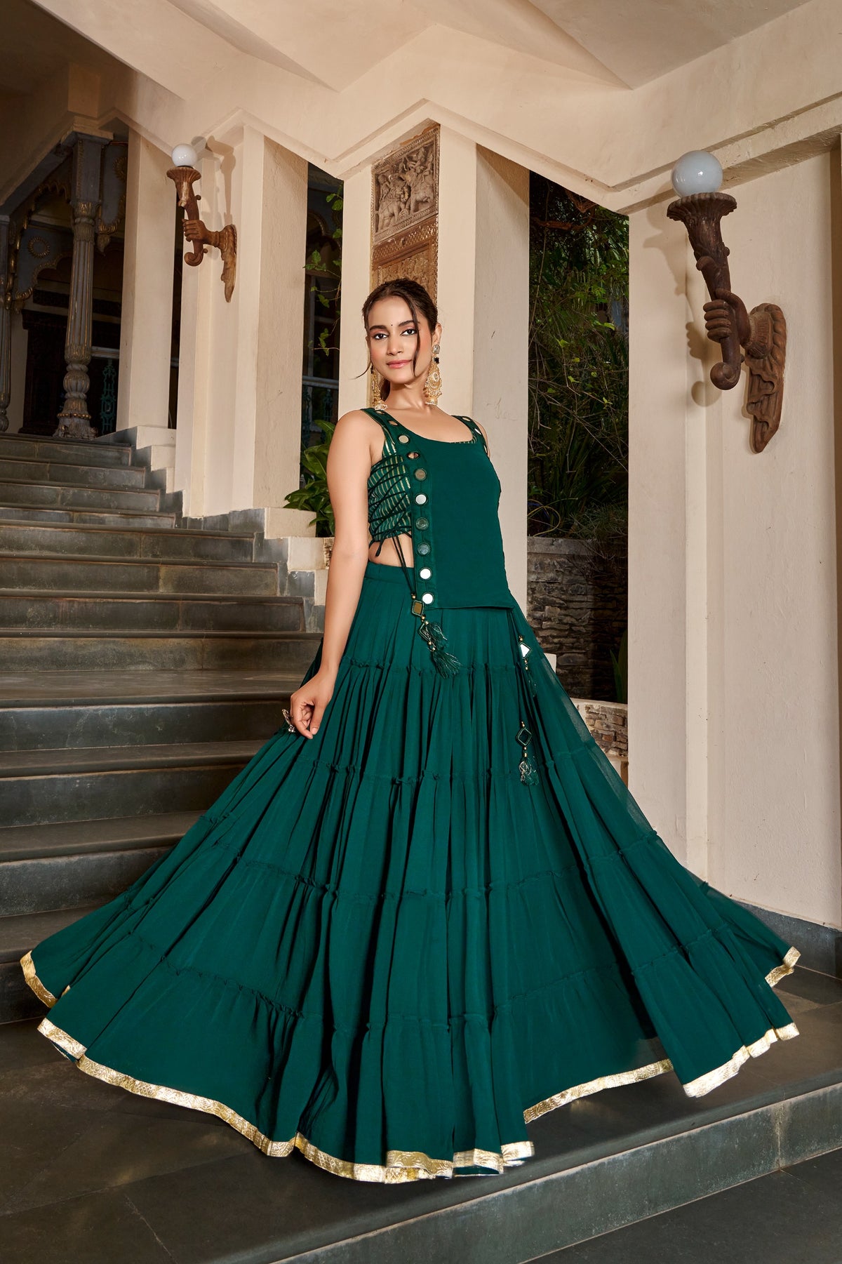 Feather Light Fabric Navratri Wear Lehenga With Designer Koti
