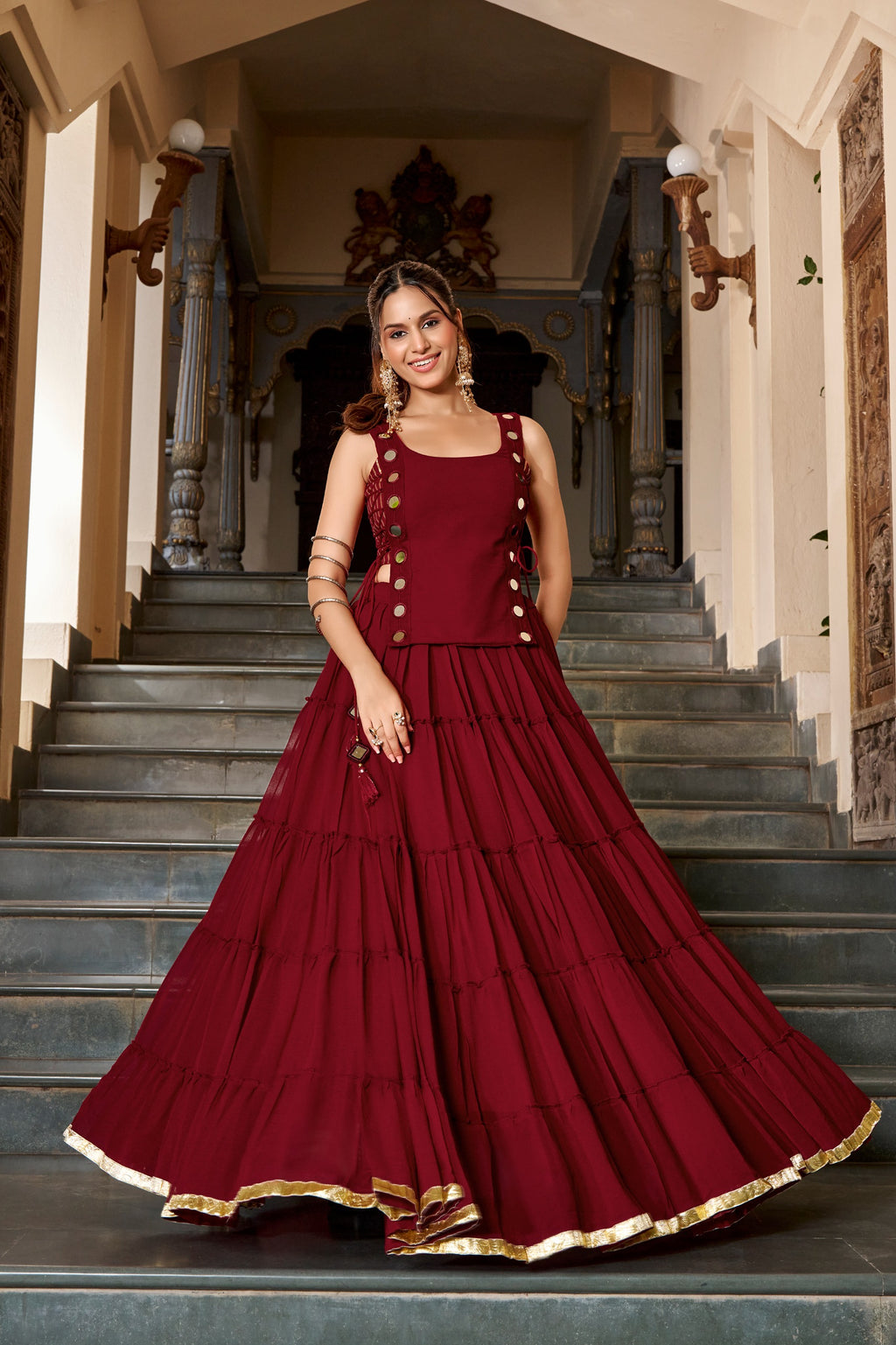 Feather Light Fabric Navratri Wear Lehenga With Designer Koti
