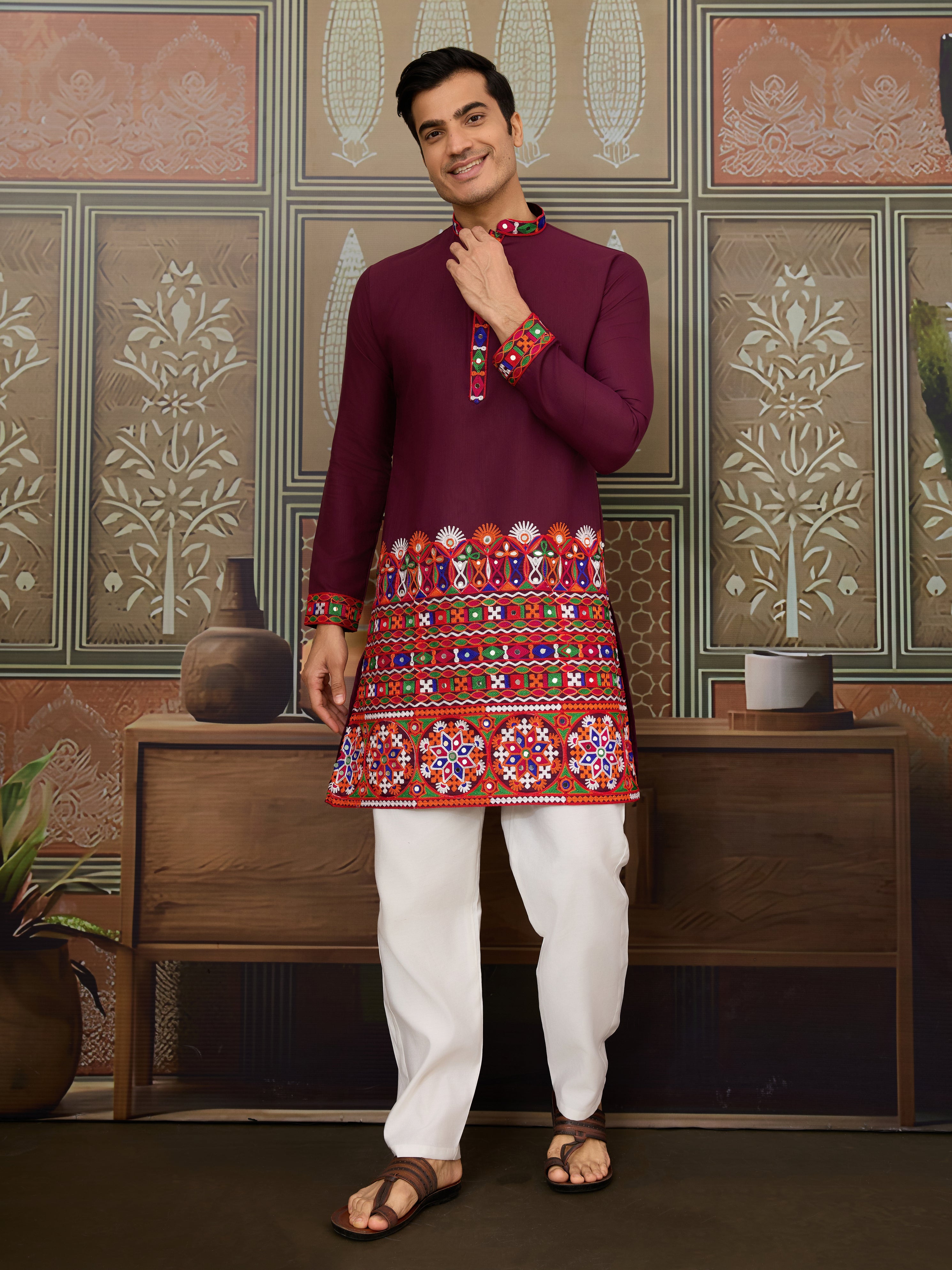 Navratri Wine Cotton Kurta for Mens with Pajama