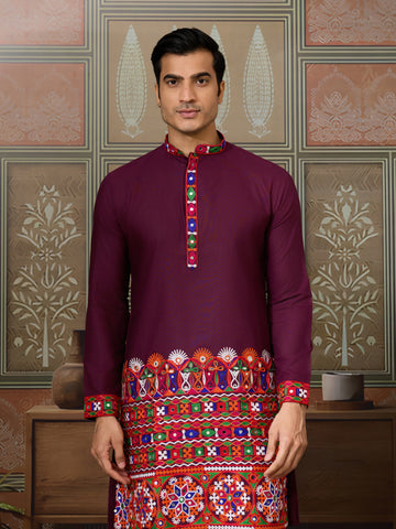 Navratri Wine Cotton Kurta for Mens with Pajama