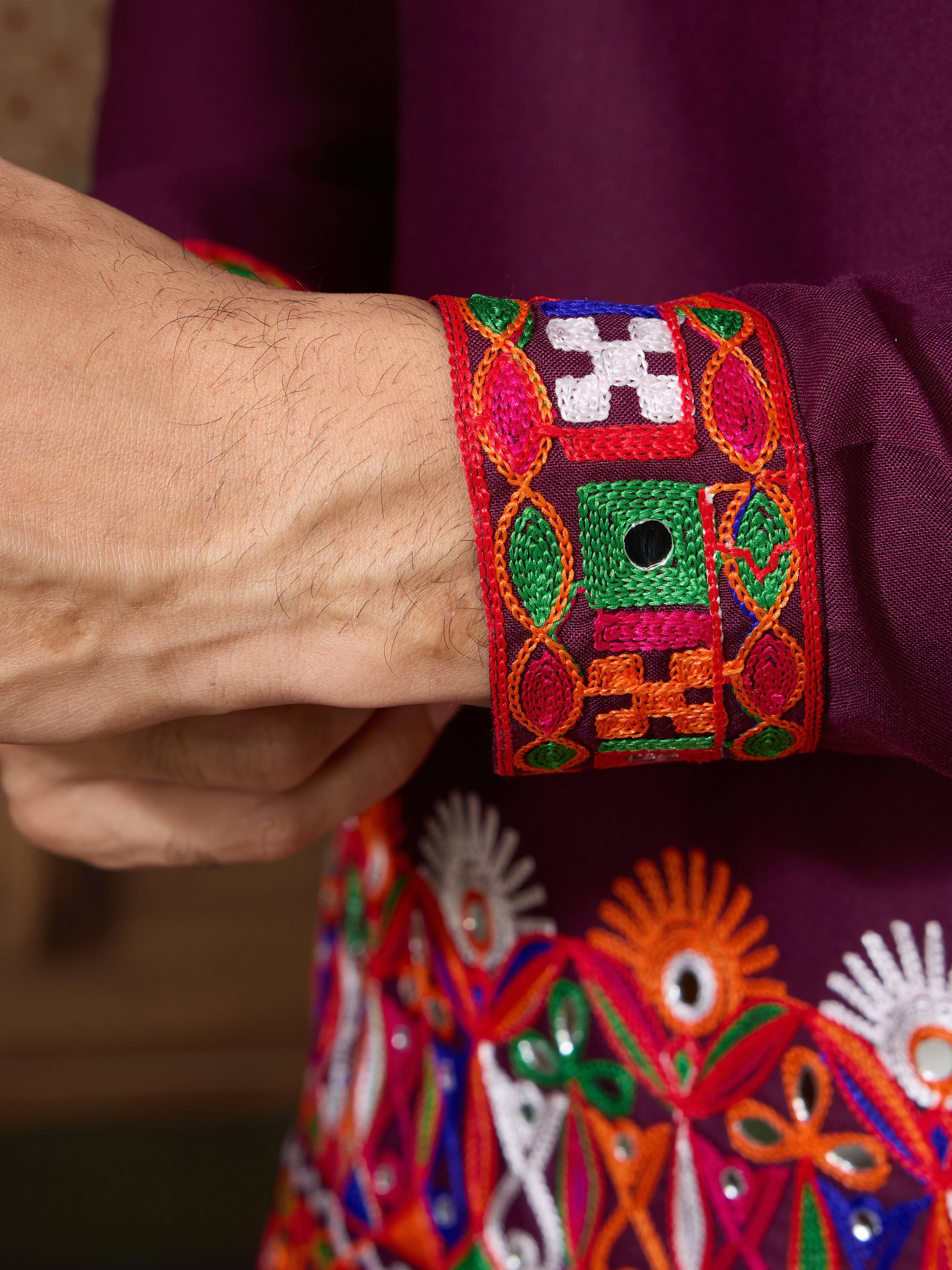 Navratri Wine Cotton Kurta for Mens with Pajama