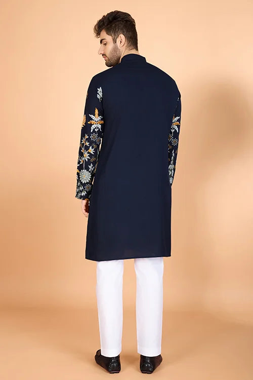 Navy Viscose Rayon Designer Men's Kurta Online