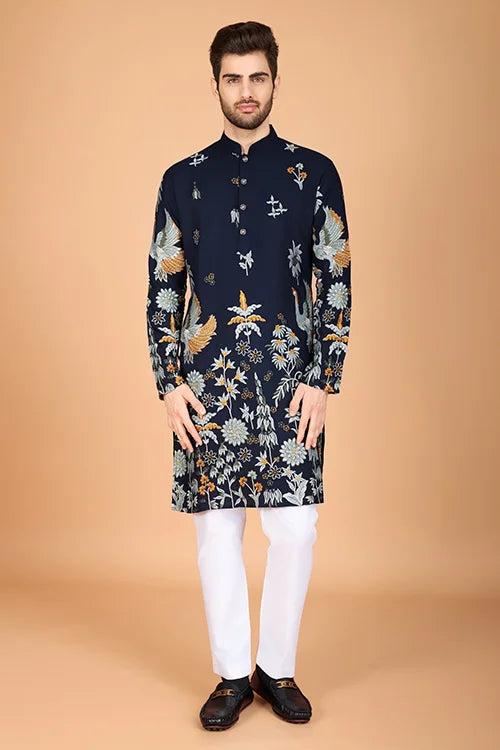 Navy Viscose Rayon Designer Men's Kurta Online