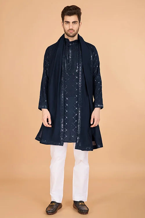 Navy Viscose Fabric Embroidered Traditional Kurta for Mens Wear